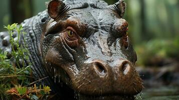 Close-up photo of a Hippopotamus looking any direction on jungle. Generative AI