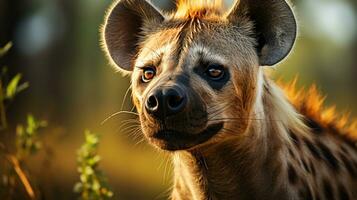 Close-up photo of a Hyena looking any direction on jungle. Generative AI