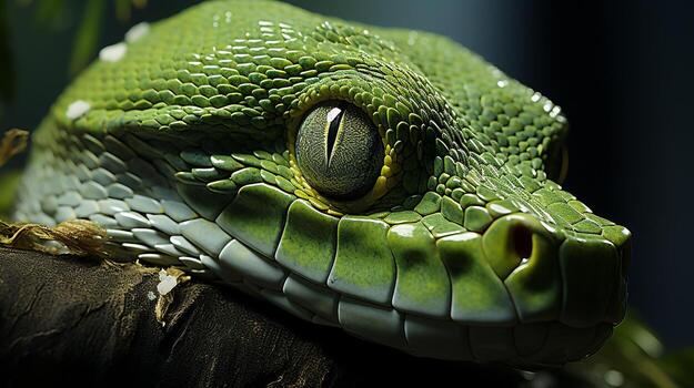 Close-up photo of a Green Tree Python looking in their habitat. Generative AI