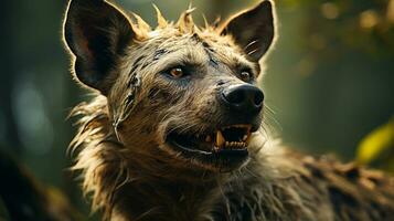 Close-up photo of a Hyena looking any direction on jungle. Generative AI