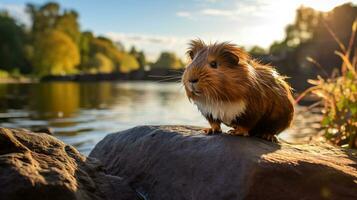 Close-up photo of a Guinea Pig looking in their habitat. Generative AI