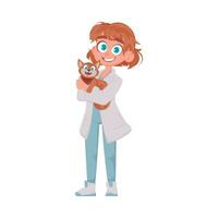 Happy female animal doctor and adorable feline Vector Illustration