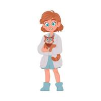 There is a woman who is a doctor for animals She is very happy She has a cute cat Vector Illustration