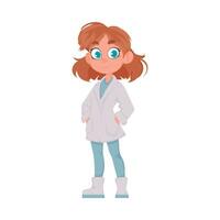 el niña quien es un médico mira gracioso y linda mientras vistiendo su uniforme vector ilustración