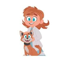 There is a woman who looks after animals and works as their doctor She is very happy She has a cute cat Vector Illustration