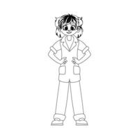 There is a girl who is funny and charming, and she is wearing clothes that look like what doctors usually wear. Childrens coloring page. vector