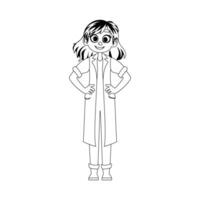 There is a funny and friendly girl wearing clothes that look like those worn by doctors. Childrens coloring page. vector
