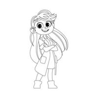 There is a girl who is enjoyable and kind, and she is dressed in clothes that look like what doctors wear. Childrens coloring page. vector