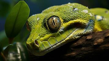 Close-up photo of a Green Tree Python looking in their habitat. Generative AI