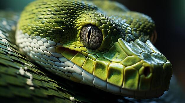 Close-up photo of a Green Tree Python looking in their habitat. Generative AI