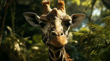 Close-up photo of a Giraffe looking any direction on jungle. Generative AI