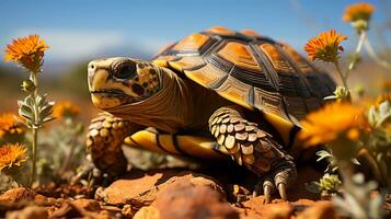 Close-up photo of a Desert Tortoise looking any direction in the Desert. Generative AI