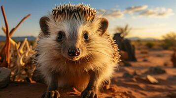 Close-up photo of a Desert Hedgehog looking any direction in the Desert. Generative AI