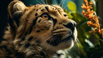 Close-up photo of a Cheetah looking any direction on jungle. Generative AI