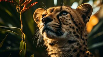 Close-up photo of a Cheetah looking any direction on jungle. Generative AI