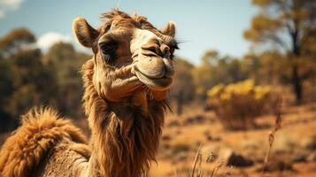 de cerca foto de un camello mirando ninguna dirección en el desierto. generativo ai