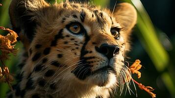 Close-up photo of a Cheetah looking any direction on jungle. Generative AI