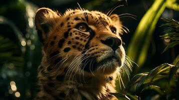 de cerca foto de un leopardo mirando ninguna dirección en selva. generativo ai