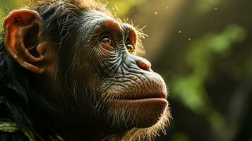 Close-up photo of a Chimpanzee looking any direction on jungle. Generative AI