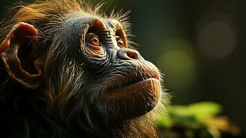 Close-up photo of a Chimpanzee looking any direction on jungle. Generative AI