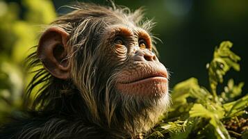 de cerca foto de un chimpancé mirando ninguna dirección en selva. generativo ai