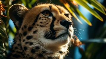 Close-up photo of a Cheetah looking any direction on jungle. Generative AI