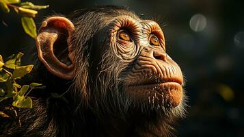 de cerca foto de un chimpancé mirando ninguna dirección en selva. generativo ai