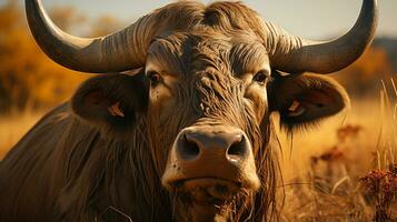 Close-up photo of a Buffalo looking any direction. Generative AI