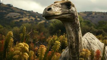 Close-up photo of a Brontosaurus looking in their habitat. Generative AI