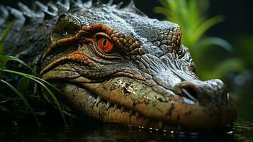 Close-up photo of a Caiman looking any direction on jungle. Generative AI