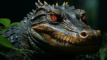 Close-up photo of a Caiman looking any direction on jungle. Generative AI