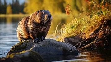 Close-up photo of a Beaver looking in their habitat. Generative AI