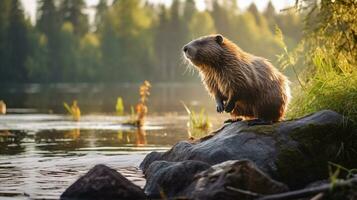 Close-up photo of a Beaver looking in their habitat. Generative AI