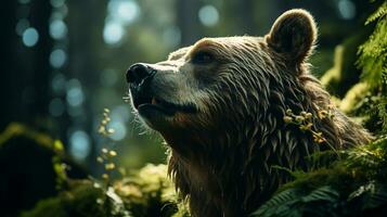 Close-up photo of a Bear looking any direction on jungle. Generative AI