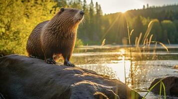 Close-up photo of a Beaver looking in their habitat. Generative AI