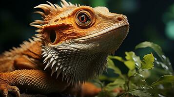 Close-up photo of a Bearded Dragon looking in their habitat. Generative AI