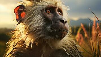 Close-up photo of a Baboon looking any direction. Generative AI