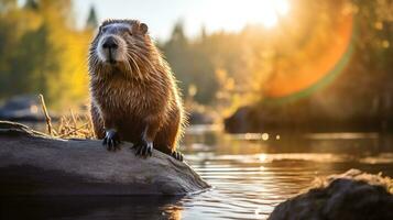 Close-up photo of a Beaver looking in their habitat. Generative AI