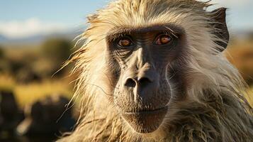 Close-up photo of a Baboon looking any direction. Generative AI