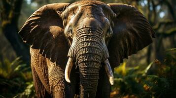 de cerca foto de un africano elefante mirando ninguna dirección en selva. generativo ai