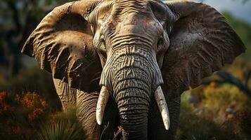 de cerca foto de un africano elefante mirando ninguna dirección en selva. generativo ai