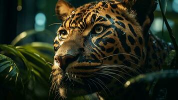 Close-up photo of a African Leopard looking any direction on jungle. Generative AI