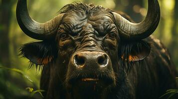 Close-up photo of a African Buffalo  looking any direction on jungle. Generative AI