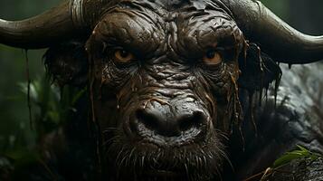 Close-up photo of a African Buffalo  looking any direction on jungle. Generative AI