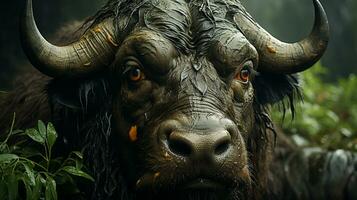 Close-up photo of a African Buffalo  looking any direction on jungle. Generative AI