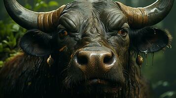 Close-up photo of a African Buffalo  looking any direction on jungle. Generative AI