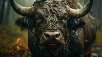 Close-up photo of a African Buffalo  looking any direction on jungle. Generative AI