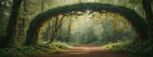 Natural archway shaped by branches in the forest. AI generated photo