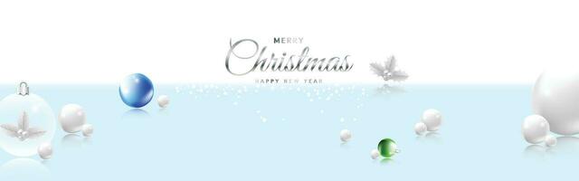 Merry Christmas design with xmas crystal ball with holly on bright blue horizontal banner background vector