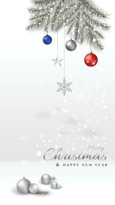 Merry Christmas minimal with Xmas Balls and pine leaves covered in snow